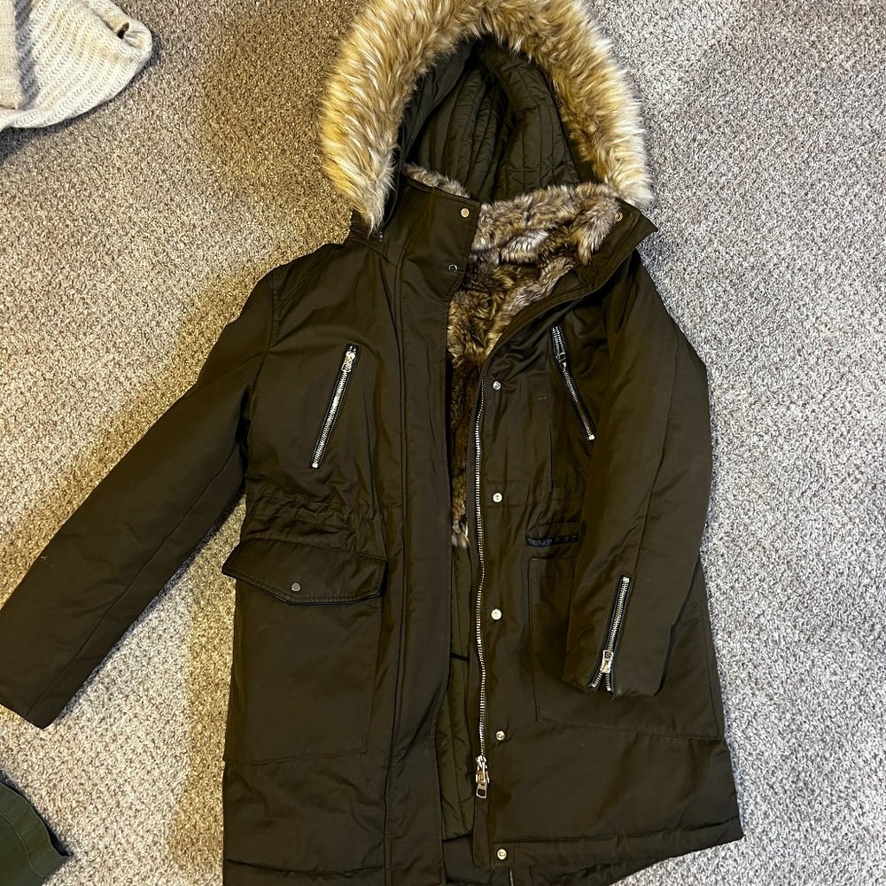 Zara Trafaluc Army/Olive Green Faux Fur Hooded Parka Jacket